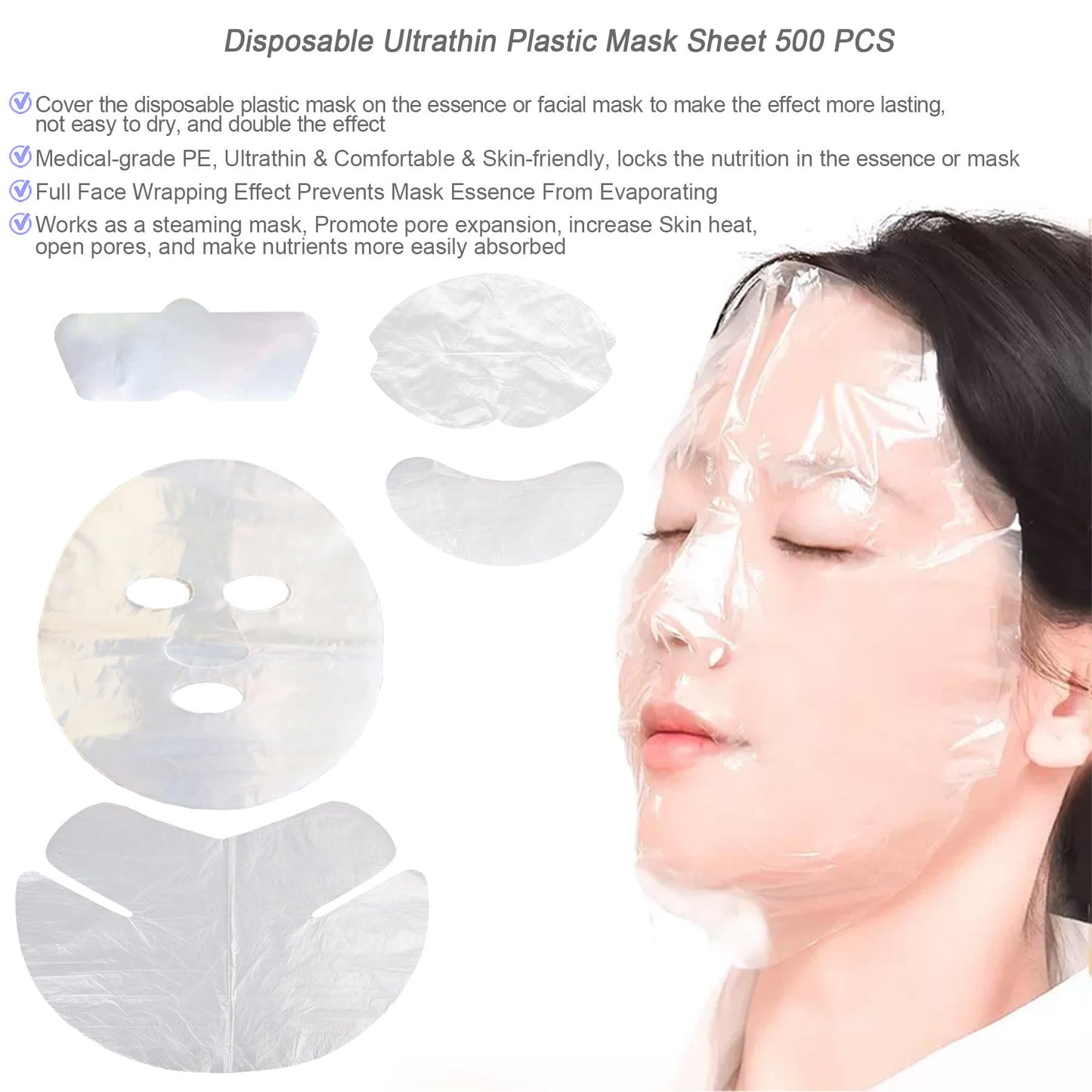 GELMAY 500PCS Face Neck Eye Nose Lip Disposable Plastic Mask Sheet, Ultra-Thin Transparent Facial Masks Skincare Paper Film DIY Spa Wrapped Moisturizing Patch Prevent Evaporation