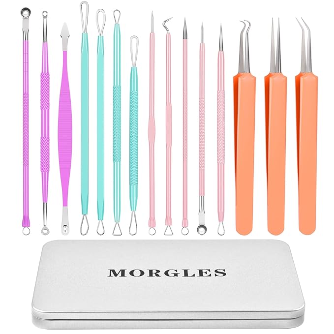 MORGLES Blackhead Remover Tools, 15 Pcs Pimple Popper Tool Kit Comedone Pimple Extractor for Blackhead Blemish Zit Removing with Metal Case 2024 Latest