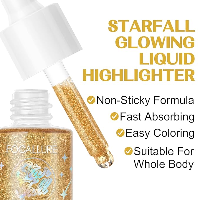 FOCALLURE Starfall Glowing Liquid Highlighter, Shimmering Body Oil,