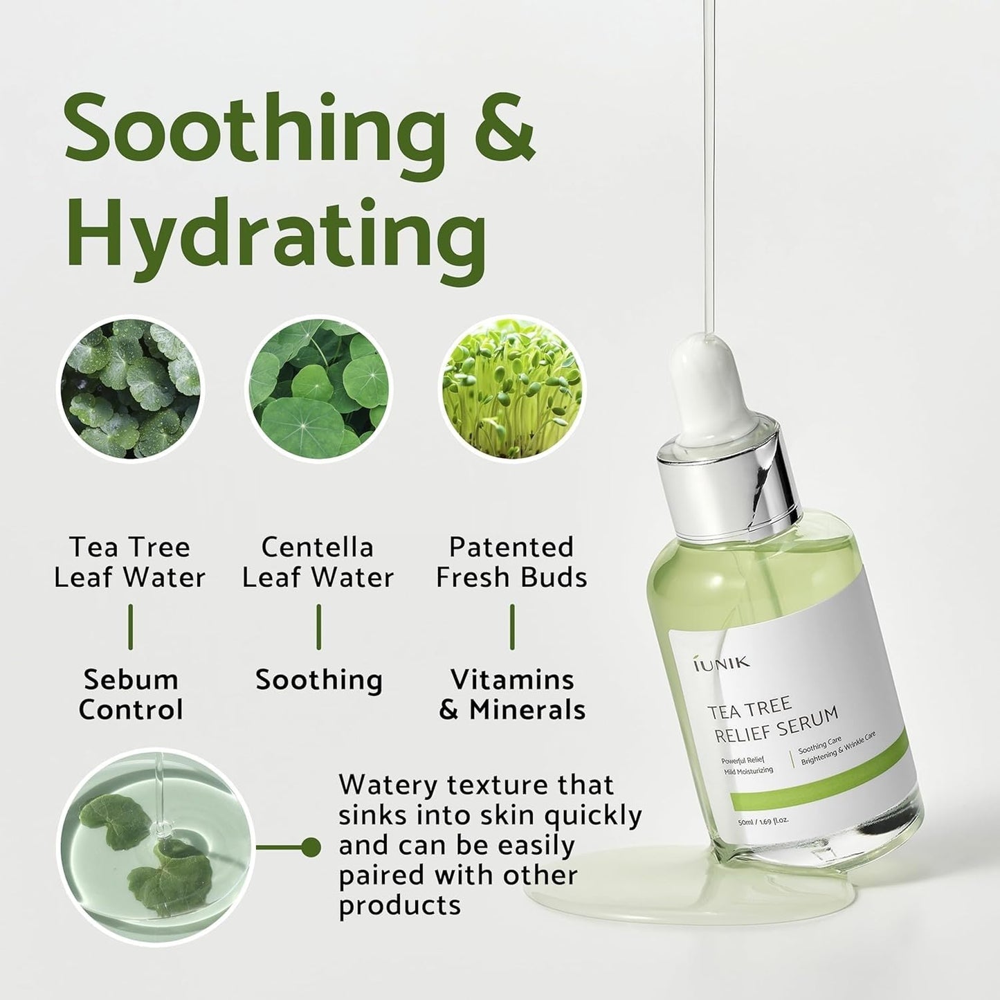 IUNIK Tea Tree Relief Vegan Serum for Acne-Prone Skin – Non-Sticky & Lightweight Facial Ampoule with Centella Asiatica for Soothing, Calming, and Balancing – Korean Skincare