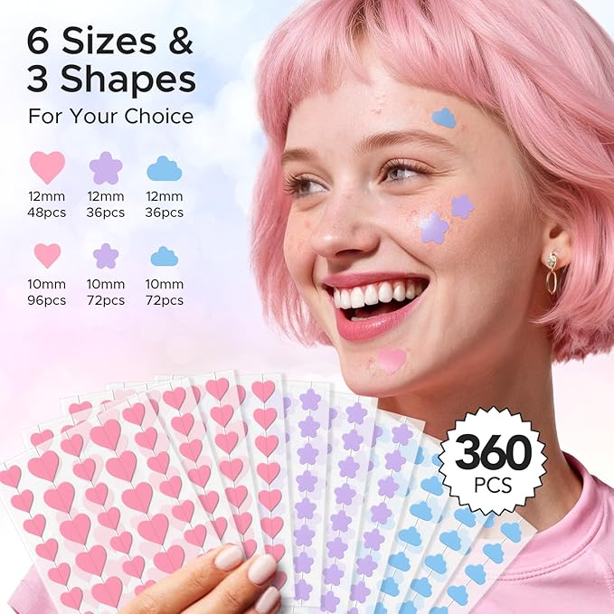 LitBear Acne Pimple Patch, 360 Dots 3 Shaped Colors Pimple Patches with Salicylic Acid, Tea Tree Oil & Calendula Oil, Hydrocolloid Acne Patch for Face, Blemish, Cute Zit Patch Pimple Sticker Acne Dots
