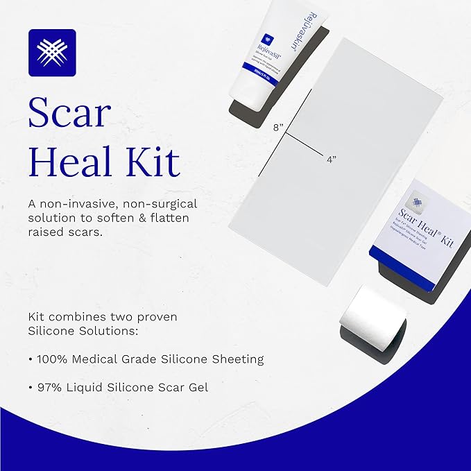 Rejuvaskin Scar Heal Kit for Large Surgical Scars, Soften, Flatten, Reduce and Recover, Silicone Sheeting, RejuvaSil Gel & Medical Tape, 4" x 8"