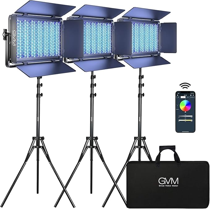GVM 1500D RGB LED Video Light, 75W Video Lighting Kit with Bluetooth Control, 3 Packs Led Panel Light for Photography, YouTube Studio, Video Shooting, Broadcasting, Conference, 1128 Led Beads