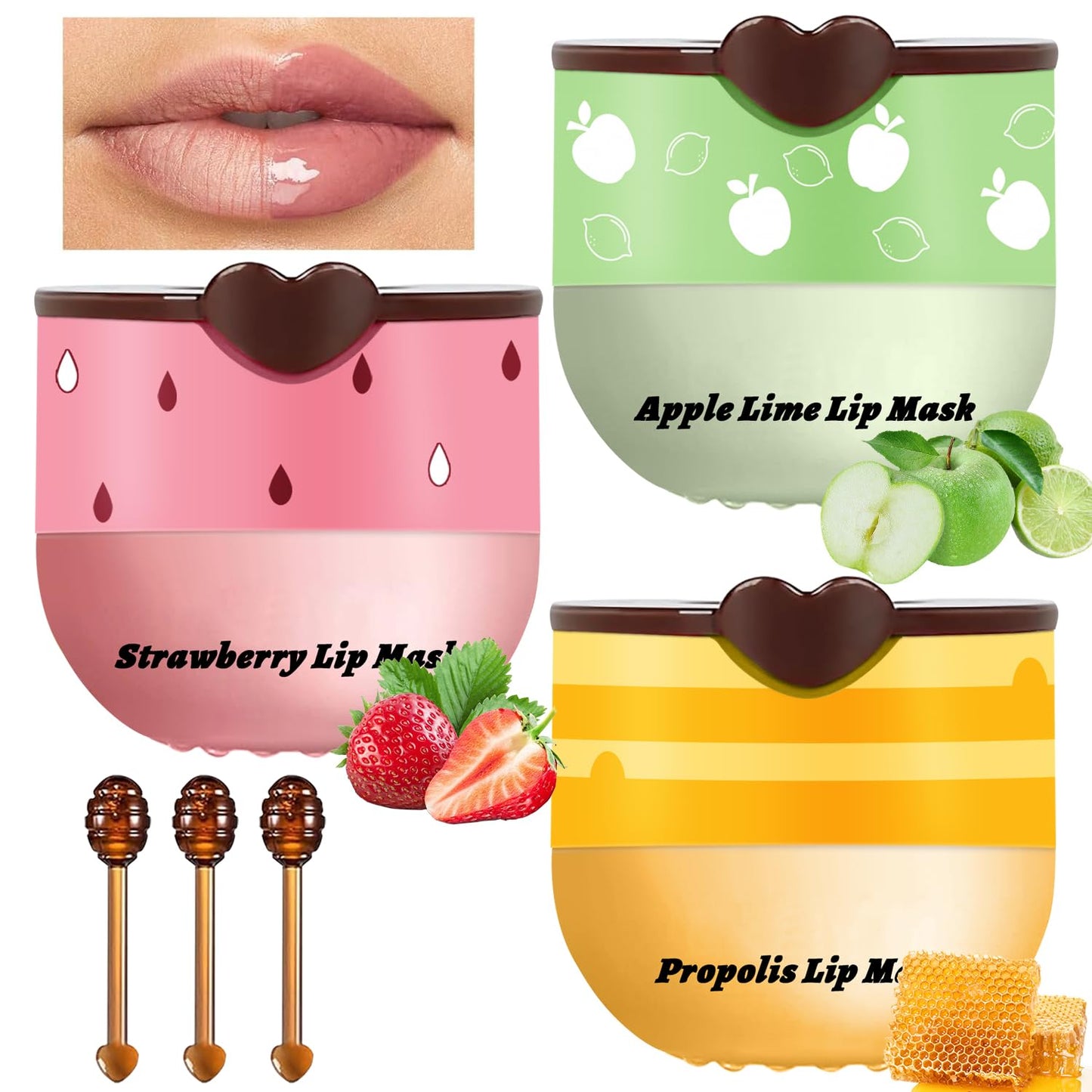 3Pcs Lip Balm Honey Pot with Stick, Honey Strawberry Apple Moisturizing and Hydrating Sleeping Lip Mask, Day and Night Repair and Care, Improve Lip Color, Reduce Lip Lines (SET A)