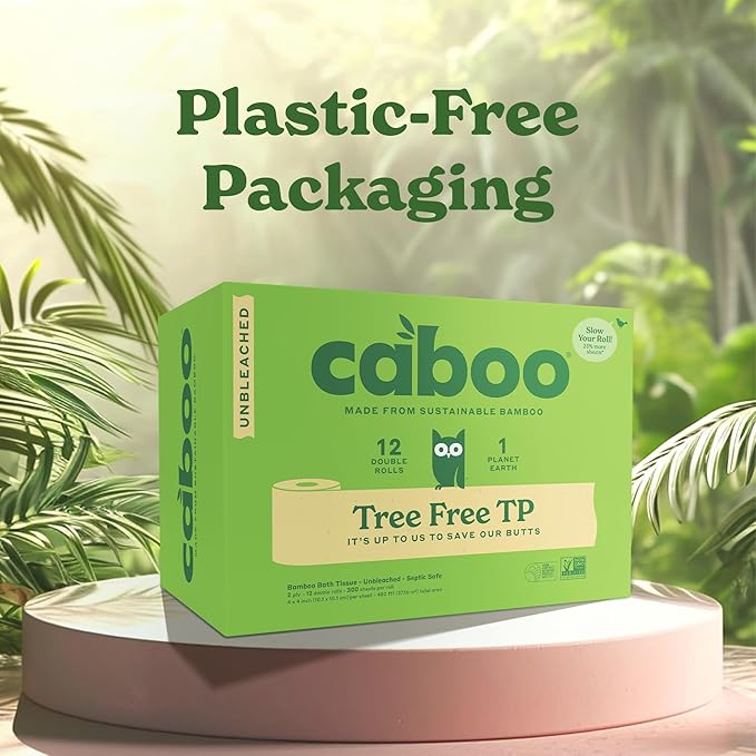 Caboo Tree Free Toilet Paper, Unbleached, Plastic Free Packaging, Septic Safe, Eco Friendly, Chemical Free, Non Toxic, 2 Ply Toilet Tissue, Pack of 12 Double Rolls, 300 Sheets Per Roll
