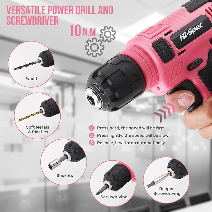 Hi-Spec 110pc Pink 8V USB Electric Power Cordless Womens Drill Driver Set. Drill Bits, Sockets and Screwdriver Bit Set Accessories In a Portable Toolbox Case for Ladies