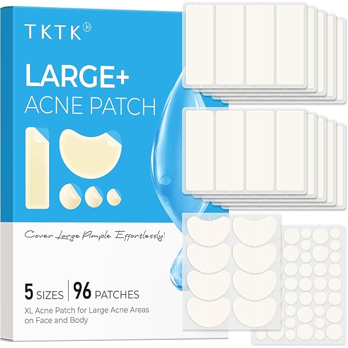 TKTK Large Pimple Patches for Face, XL Acne Patches 60 x 20 mm, Big Hydrocolloid Bandages for Body, Forehead, Chin, Neck Zit Breakouts, Hydrocolloid Patch (Strip, Contoured, Dot 5 Sizes 96 Count)