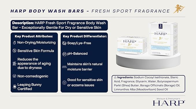 HARP pH-Balanced (5.0-6.0) Body Wash Bar - Exceptionally Gentle For Dry or Sensitive Skin + Shea Butter + Borage oil | Non-Comedogenic | Soap-Free, Lye-Free. FRESH SPORT FRAGRANCE