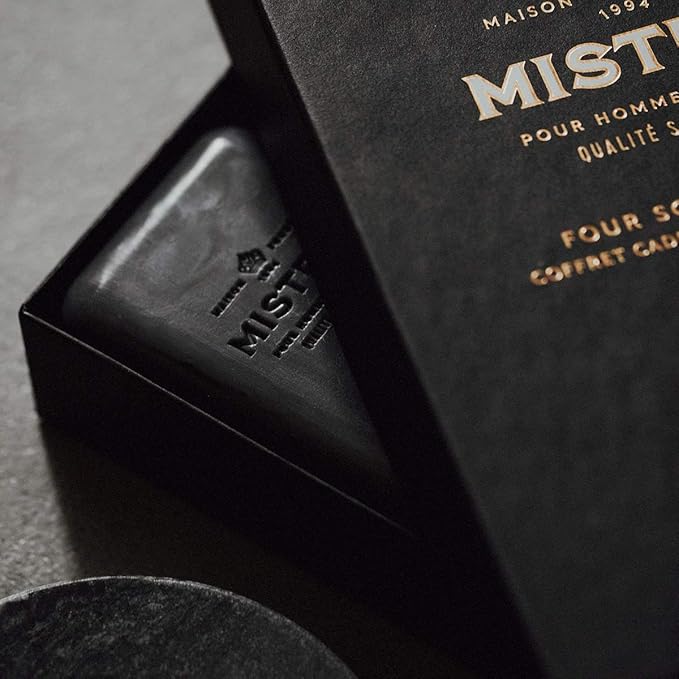 Mistral Men’s Luxury Bar Soap for Men | Gift Set (4 x 8.8 oz) – Grey Lavande, Cedarwood Marine, Teak Wood, Black Amber | Moisturizing, Triple-Milled Natural Soap for Men - Made in France
