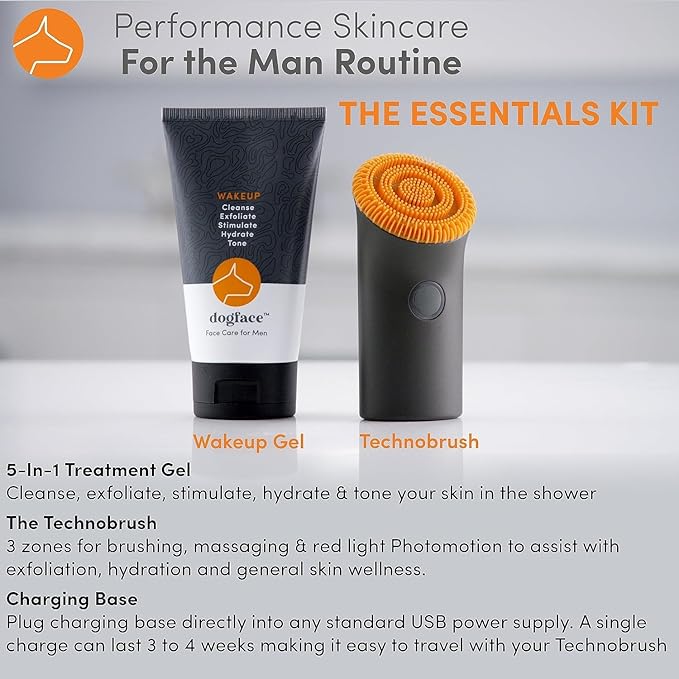Dogface Essentials Kit Plus Technobrush & Wakeup Gel Cleanser Men’s Red Light Electric Facial Brush with Silicone Bristles to Exfoliate, Cleanse, Hydrate & Tone Skin Daily – Free Shower Caddy 5.3oz
