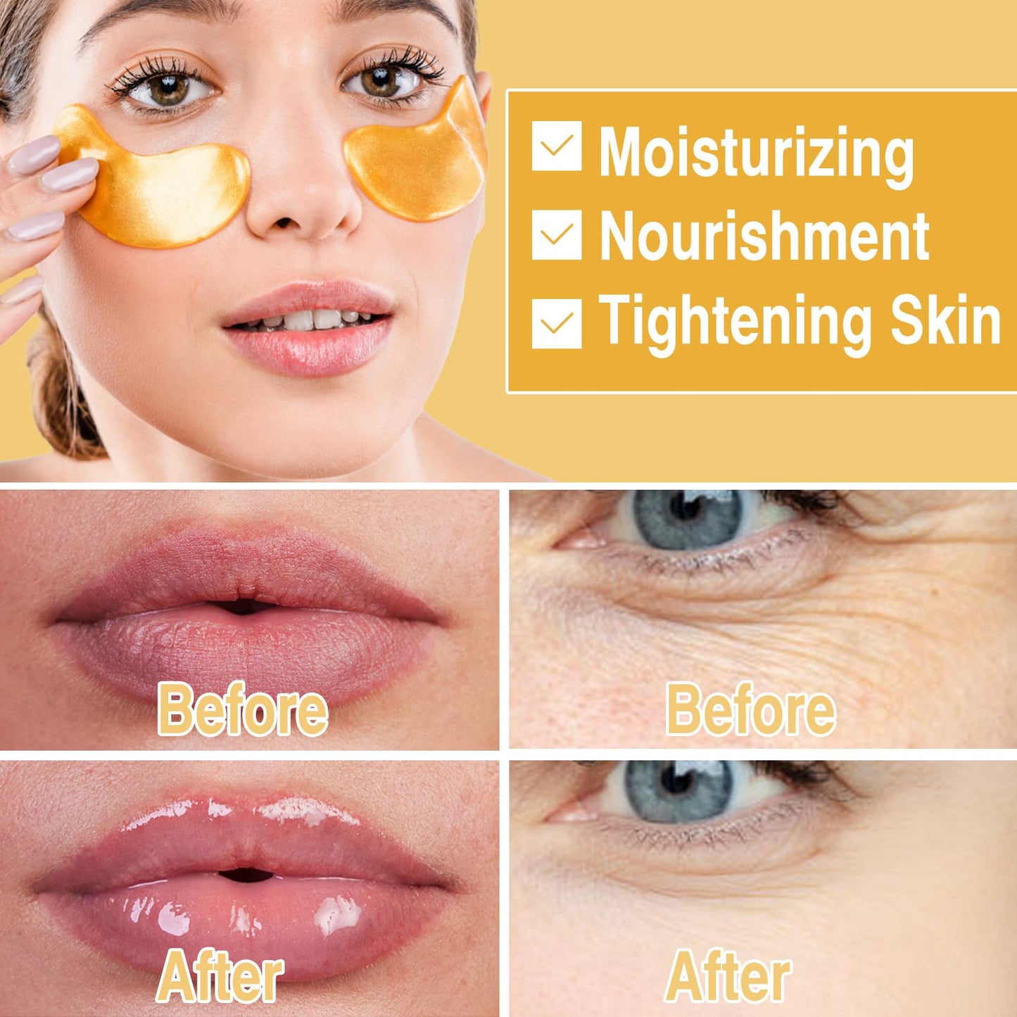 30 Pairs Lip Masks & 24K Gold Eye Masks, Crystal Collagen Under Eye Patches for Puffy Eyes, Wrinkles, Effectively Moisturizing & Reducing Fine Lines & Dark Circle