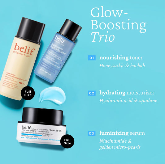 belif Uncover Your Glow Set, Aqua Bomb Daily Face Moisturizer, Niacinamide Vitamin C Golden Glow Serum, Aqua Bomb Hydrating Toner - Hyaluronic Acid, For All Skin Types, Korean Skin Care