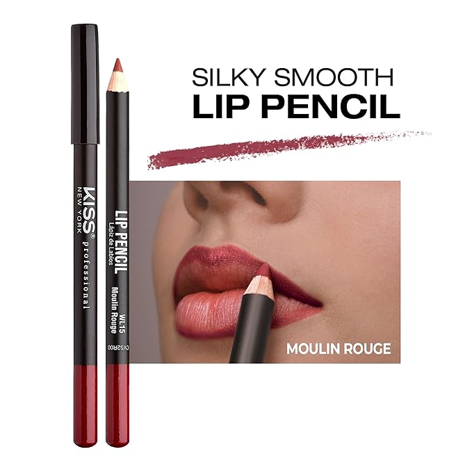 KISS New York Professional Slim Lip Pencil, Creamy Soft Lip Liner, Smooth Long-Lasting Rich Lip Color, Natural Lip Makeup, Water-Resistant Lip Crayon (Moulin Rouge)