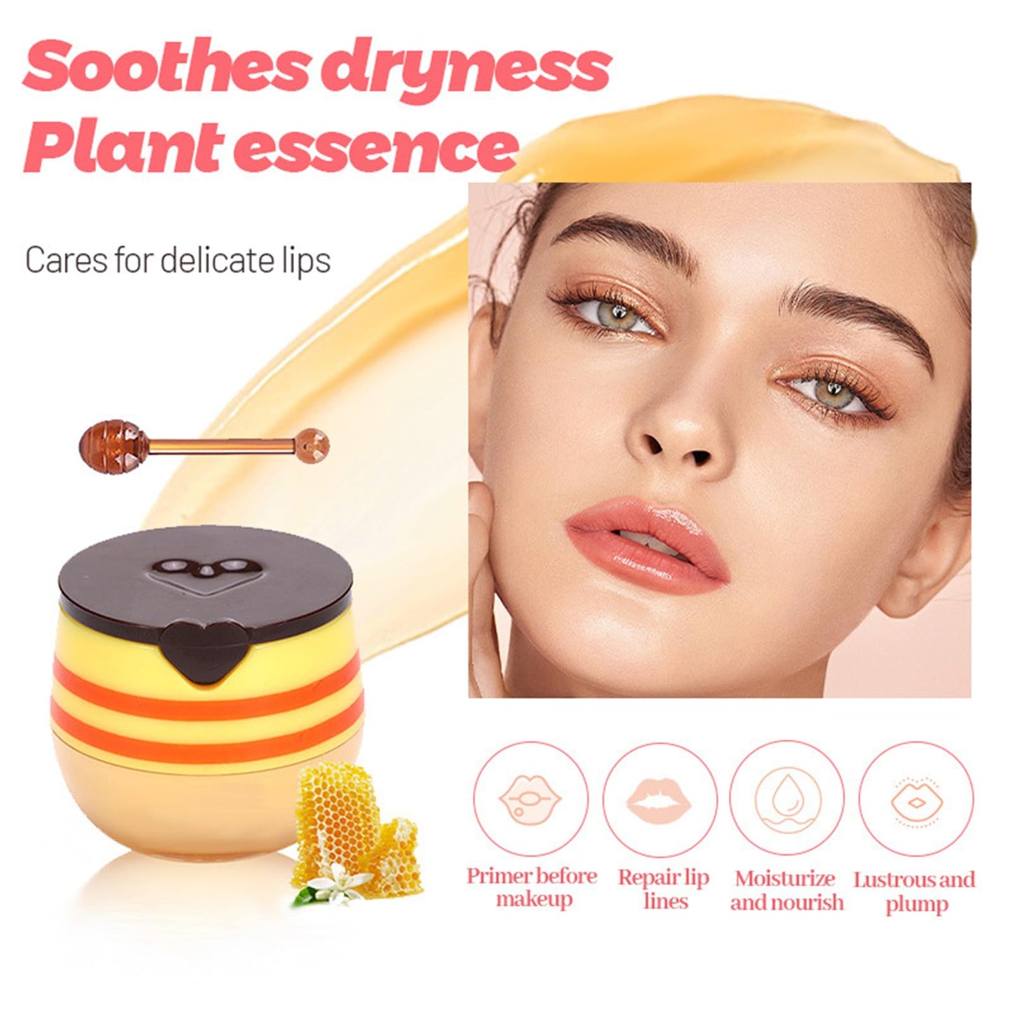 6 PCS Bee Lip Balm Honey Pot, Honey Strawberry Watermelon Apple Lime Mint Cherry Lip Mask Propolis Moisturizing Sleeping Lip Mask Overnight with Sticks, Honey Lip Balm Prevention Dry