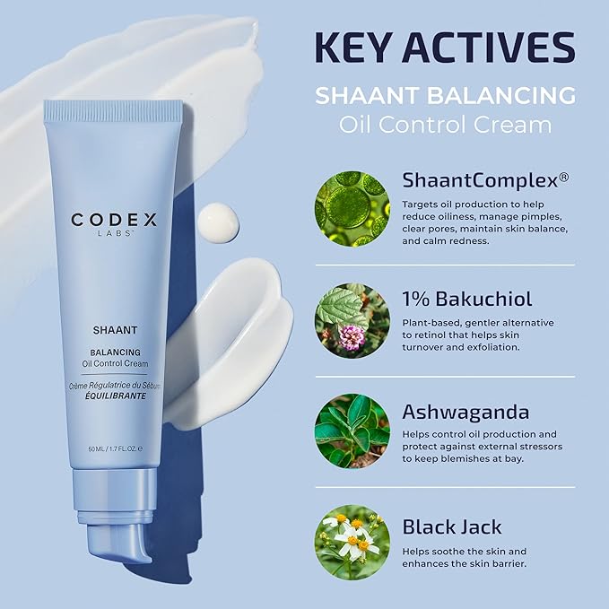 Codex Labs Shaant Balancing Face Cream - Oil Control & Plant-Based Retinol Alternative - For Acne-Prone Skin, All Skin Types - With 1% Bakuchiol & Ashwagandha - Vegan & Cruelty-Free (1.7oz)