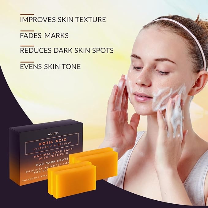 VALITIC Kojic Acid Vitamin C and Retinol Soap Bars with Turmeric for Dark Spot - Original Japanese Complex with Collagen, Hyaluronic Acid, Vitamin E (4 Pack) - with Soap Holder