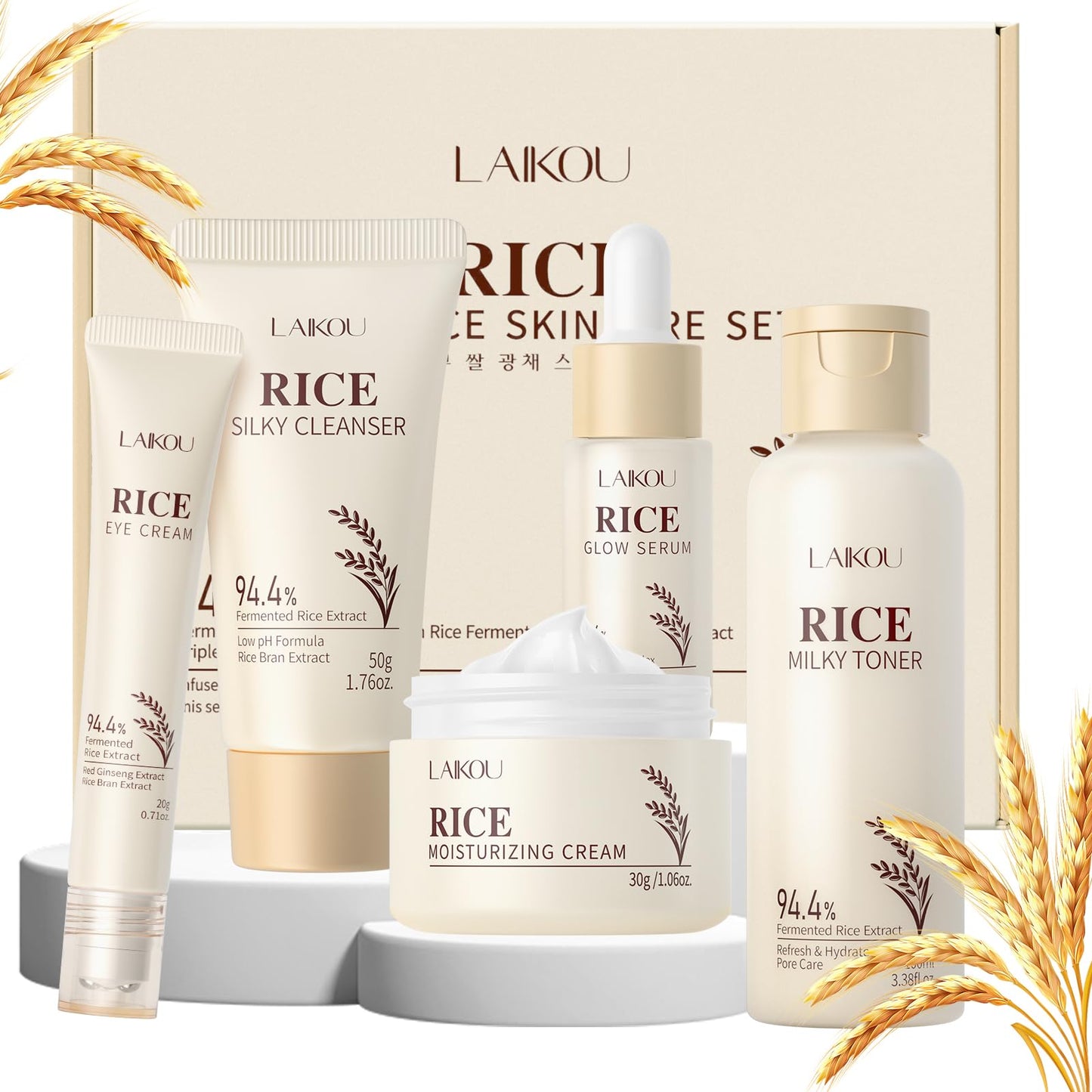 LAIKOU Skin Care Set, Korean Skin Care with Rice Cleanser, Toner, Serum, Eye Serum, Moisturizing Cream 5pcs for Women Teen Girls Mom Daughter Mother's Day Birthday Christmas Lover Korean Beauty