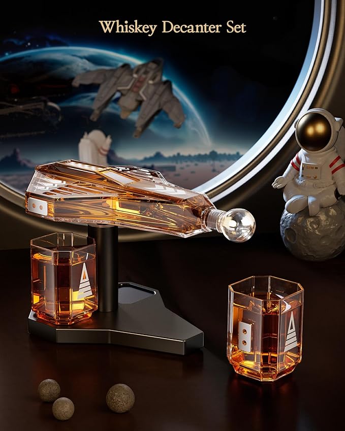 Birthday Gifts for Men Dad, Kollea Galaxy Golden Spaceship Whiskey Decanter Sets for Men, Spacecraft Limited Edition, 2 Funny Shot Glasses, Unique Brother Gift Ideas, Liquor Decanter for Bar