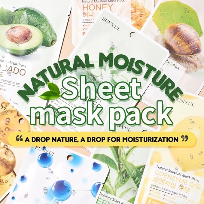 EUNYUL [PACK OF 10] Natural Sheet Mask Pack 10 types Korean Skincare Facial Mask Pack/Aloe, Collagen, Pearl, Hyaluron, Avocado, Pomegranate, Vitamin, Blueberry, Green Tea, Cucumber