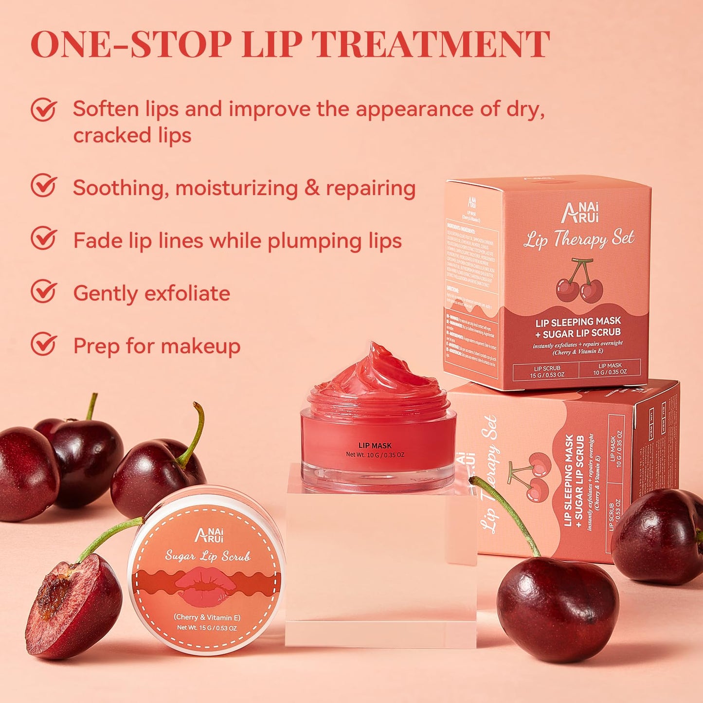 ANAI RUI Cherry Lip Scrub & Lip Mask Set with Vitamin E, Hyaluronic Acid & Shea Butter, Lip Scrubber Exfoliator, Hydrating Lip Mask Overnight, Sugar Scrub for Dry Chapped Lips, Lip Gift Set for Women