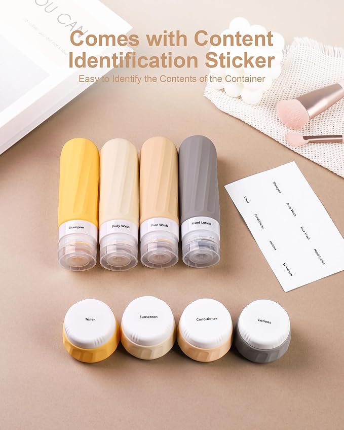 Travel Bottles for Toiletries 8 Pack, Travel Size Toiletries, Tsa Approved Travel Size Containers 3oz, with Travel Essentials Clear Bag, Leak Proof Silicone Squeezable Creams Jars