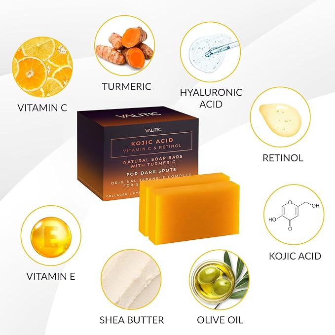 VALITIC 2 Pack Kojic Acid Vitamin C & Retinol Soap Bars for Dark Spot & A Pair of Turquoise Exfoliating Gloves for Body Scrubs