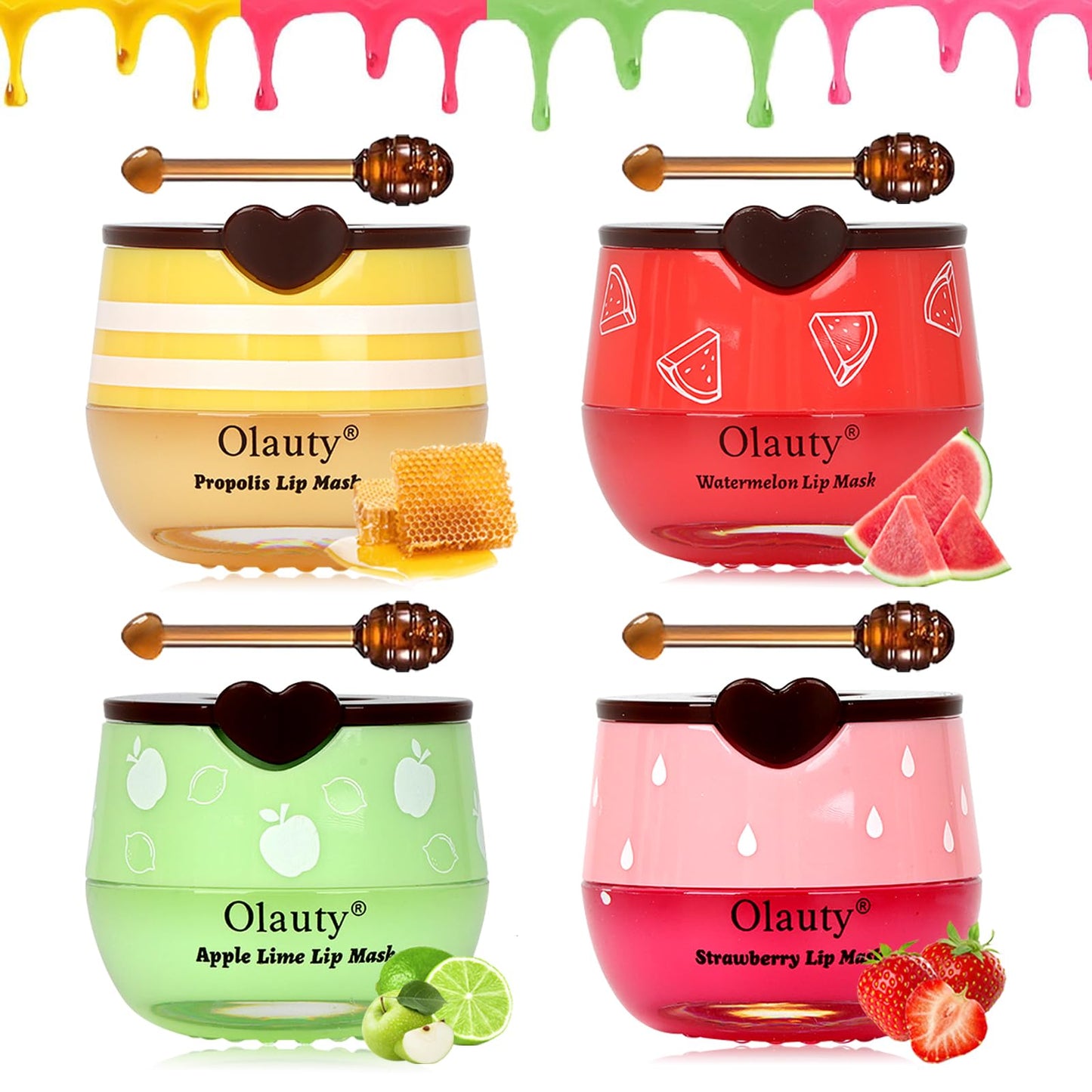 4 Pack Bee Lip Balm Lip Mask Honey Pot,Hydrating Lip Balm Honey&Strawberry&Watermelon&Apple Lime Lip Sleeping Mask Propolis Moisturizing with Stick,Vitamin E Cracked&Chapped Lips