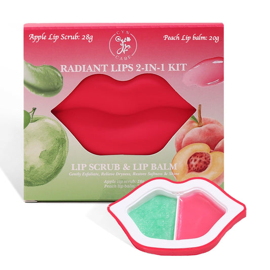 2 in 1 Lip Care Kit with Apple Lip Scrub Exfoliator 28g and Peach Balm Moisturizer 20g – Intense Hydration Set for Dry, Chapped, Cracked Lips (48g)