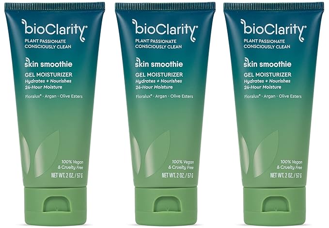 BioClarity Skin Smoothie 24-Hour Gel Moisturizer for Normal & Oily Skin Types, 100% Vegan, Clean Ingredients, with Olive, Argan & Ceramide, 2 fl oz, Pack of 3