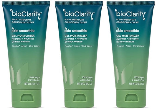 BioClarity Skin Smoothie 24-Hour Gel Moisturizer for Normal & Oily Skin Types, 100% Vegan, Clean Ingredients, with Olive, Argan & Ceramide, 2 fl oz, Pack of 3