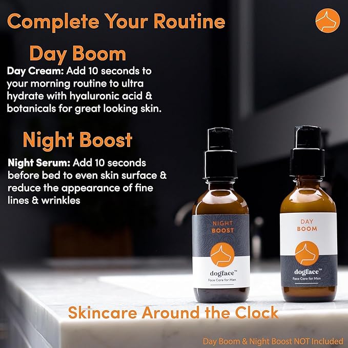 Dogface Essentials Kit Plus Technobrush & Wakeup Gel Cleanser Men’s Red Light Electric Facial Brush with Silicone Bristles to Exfoliate, Cleanse, Hydrate & Tone Skin Daily – Free Shower Caddy 5.3oz