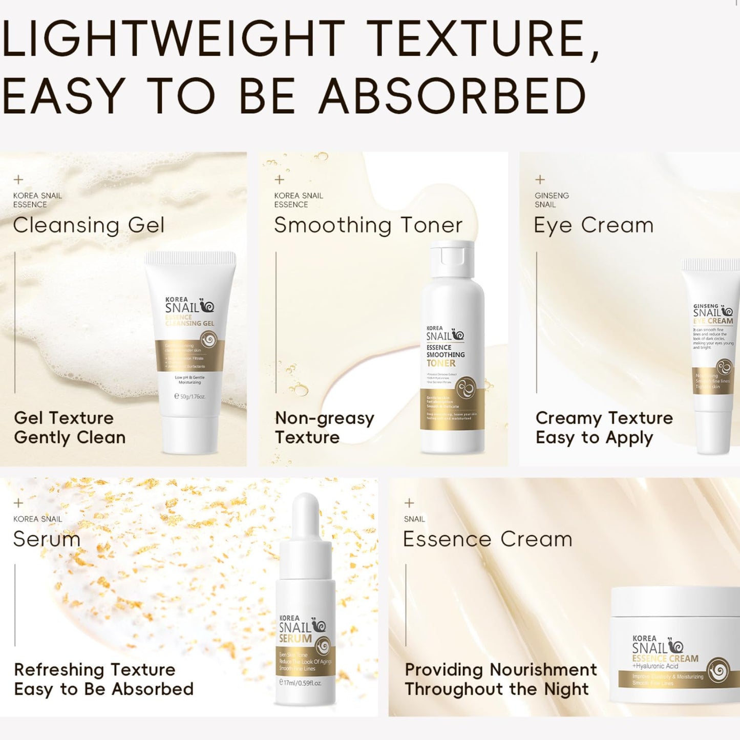 Korean Skin Care Set Snail Women Gifts - Skin Care Kit Moisturizing - 5PCS Skincare Set - Firming Skincare Gift Set - Travel Essentials - with Cleansing Gel, Toner, Serum, Eye Cream, Essence Cream