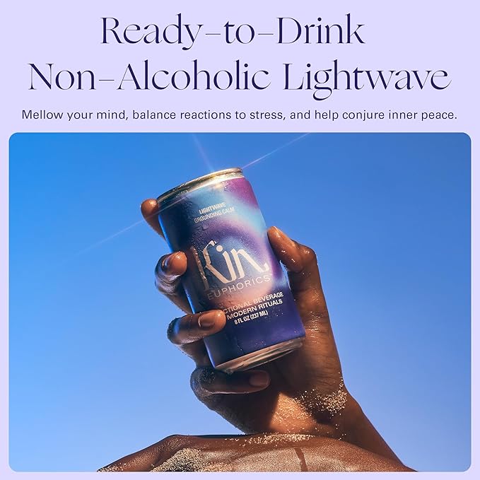 Kin Euphorics Lightwave Non-Alcoholic Functional Beverage | Calm the Mind & Mellow the Mood | Adaptogens, Nootropics, Reishi Mushroom & L-Theanine | 8 Fl Oz (8pk)