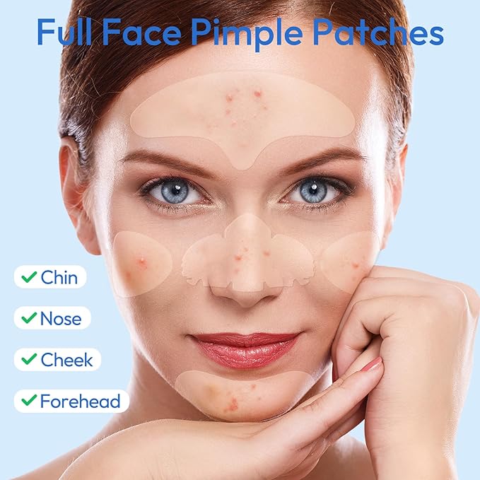 Full Face Pimple Patches(5 Pack),Big Hydrocolloid Acne Patches,Skin Care Zit Patches for Whole Face,Nose, Chin, Forehead & Cheeks w/Tea Tree Oil, Salicylic Acid & Cica Oil（5 Pack,25 Patches）
