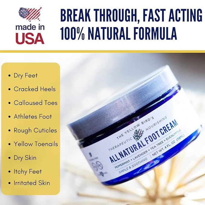 Yellow Bird Foot Cream – Hydrating Tea Tree Oil Foot Balm with Essential Oils. Natural Athletes Foot Treatment. Moisturizing Cracked Feet Repair & Callus Remover. Made In USA - 2 oz