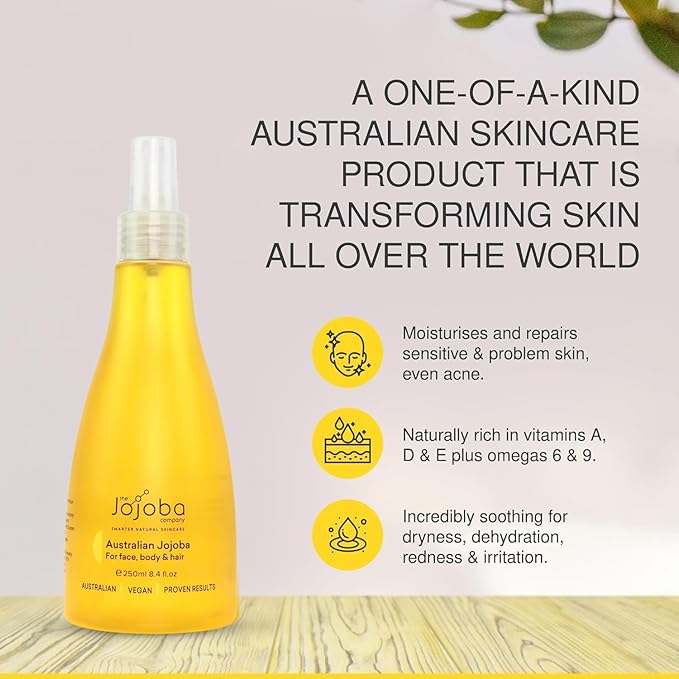Jojoba 100% Pure Australian Oil 250ml – Cold-Pressed Natural Oil for Face, Hair & Body – Lightweight, Non-Greasy, Hypoallergenic Moisturizer – Sustainably Grown & Bottled in Australia (250ml)
