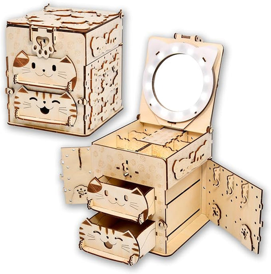 3D Wooden Puzzle Cat Treasure Box, Wood Creative Assembly Model Building Kits to Build for Adults and Teens, DIY Cat Jewelry Box with Mirror Hobbies Projects Gift for Women