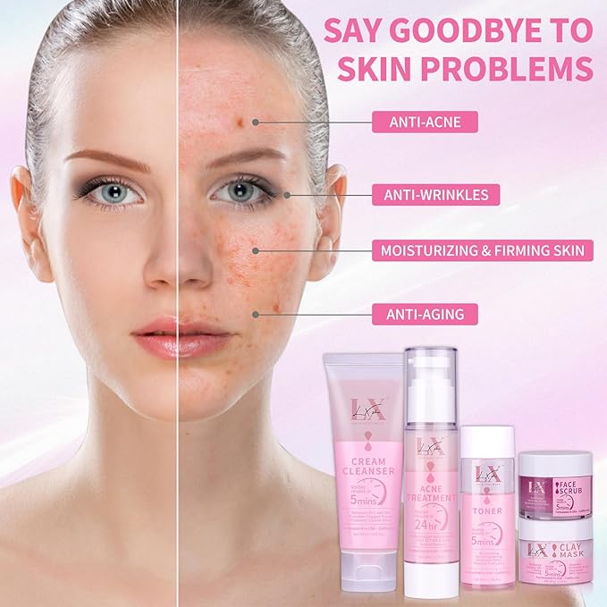 5 Step Skincare Kit with Cleanser, Face Scrub, Clay Mask,Toner & Acne Serum for Teens and Adults
