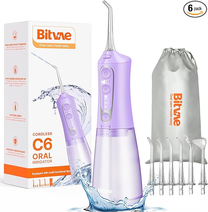 Bitvae C6 Water Flosser Teeth Picks, Cordless Water Dental Flosser for Travel with 6 Jet Tips, 15 Care Settings, IPX7 Waterproof Portable & Rechargeable Water Teeth Cleaner Picks, Purple