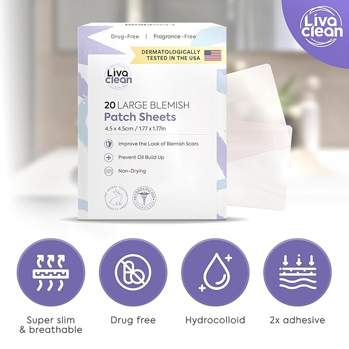 LivaClean 20CT Large Hydrocolloid Acne Patches - For Pore Spots Nose Face Cystic Pimple Zit Patch - Big Pimple Patches Hydrocolloid Bandages Strips Stickers Acne Patch XL Large