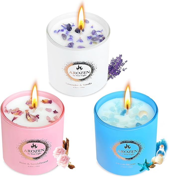 3 Pack Scented Candles Gift Set for Women, Birthday Gifts for Women, Valentines Day for her, Mothers Day Gifts, Candles for Home Scented of Lavender, Ocean Breeze & Rose Sandalwood