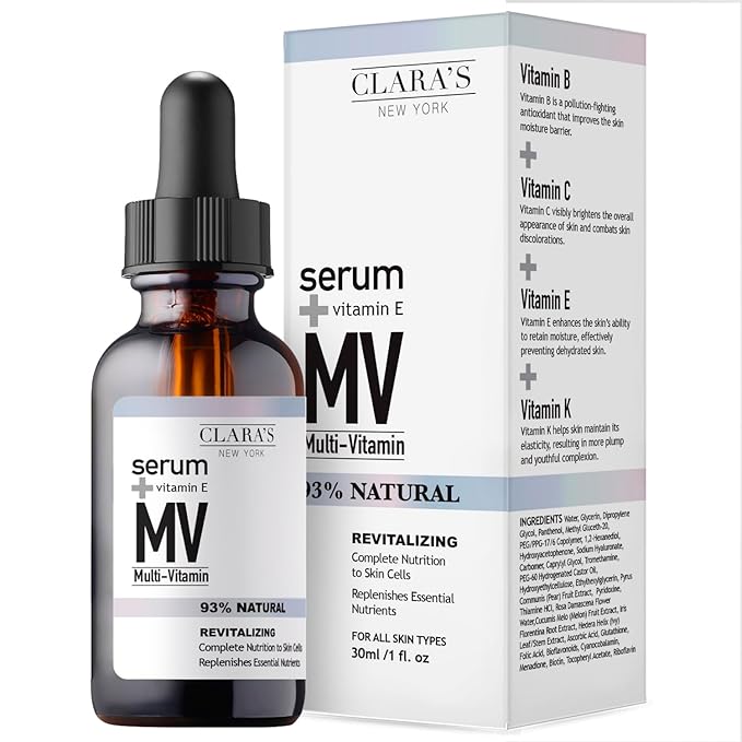 CLARA'S NEW YORK Multi Vitamin Facial Serum with Vitamins B, C, E, K – Antioxidant Hydrating, Redness Calming, Sebum Control – Lightweight, Non-Greasy, 30ml / 1 fl oz, Made in USA