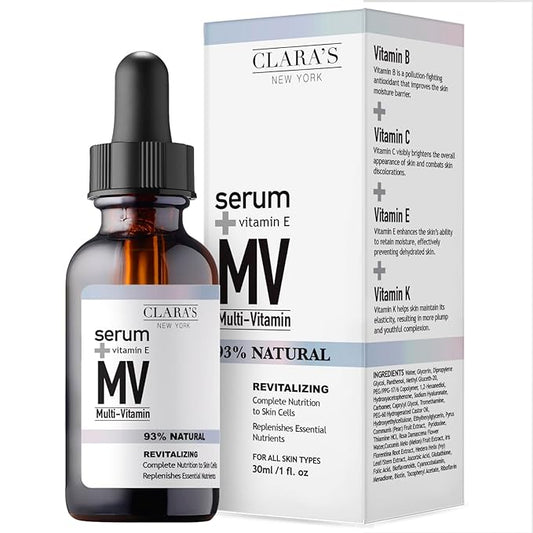 CLARA'S NEW YORK Multi Vitamin Facial Serum with Vitamins B, C, E, K – Antioxidant Hydrating, Redness Calming, Sebum Control – Lightweight, Non-Greasy, 30ml / 1 fl oz, Made in USA