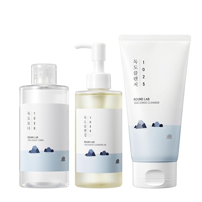 ROUND LAB 1025 Dokdo Trio Set : Toner + Cleansing Oil + Cleanser for Clear Skincare, Intense Hydration, Korean Skincare