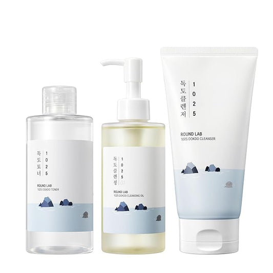 ROUND LAB 1025 Dokdo Trio Set : Toner + Cleansing Oil + Cleanser for Clear Skincare, Intense Hydration, Korean Skincare