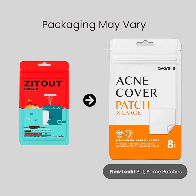 AVARELLE Acne Patches XL, Acne Cover Patch Large | Pimple Patches for Face Cheek & Nose (8 Count) | Large Hydrocolloid Acne Treatment with Tea Tree, Calendula, & Cica