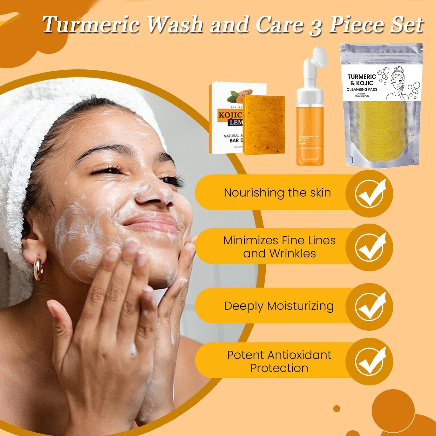 Turmeric Trio: Facial Wash, Cleansing Mousse, & Soap, Turmeric Wash and Care Three Piece Set, Turmerics Daily Skin Care Bundle Three Set for Face & Body (1 Sst)