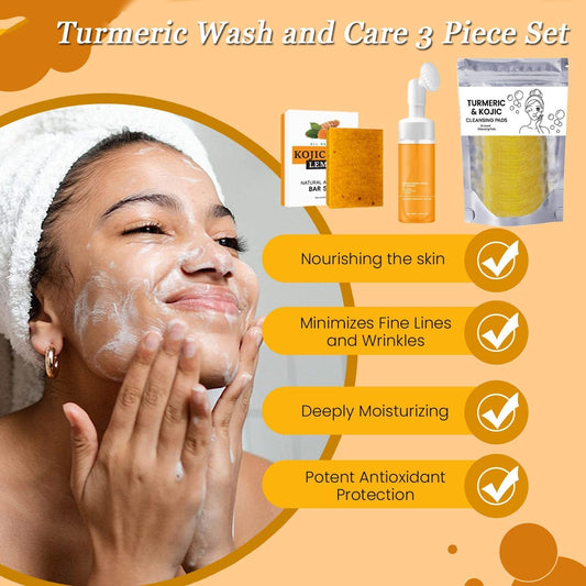 Turmeric Trio: Facial Wash, Cleansing Mousse, & Soap, Turmeric Wash and Care Three Piece Set, Turmerics Daily Skin Care Bundle Three Set for Face & Body (1 Sst)