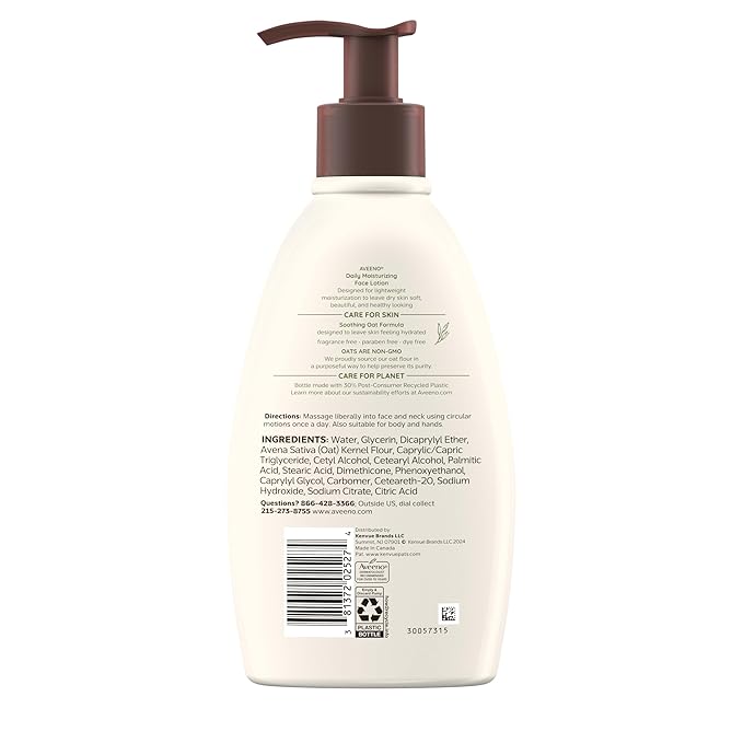 Aveeno Daily Moisturizing Face Lotion with Soothing Prebiotic Oat, Gentle Lotion Nourishes Normal to Dry Skin With Moisture, Sensitive Skin, Fragrance-Free, 12 fl. oz