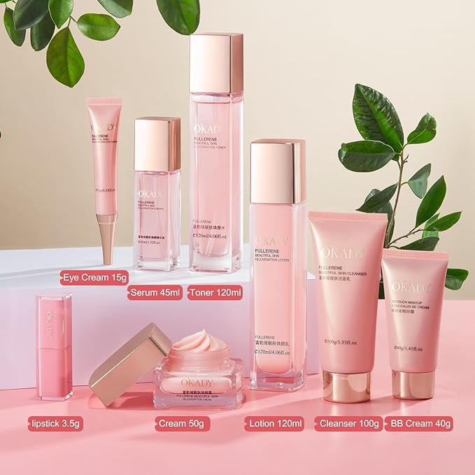 8-in-1 Skincare & Makeup Gift Set with Antioxidant Complex – Cleanser, Toner, Lotion，Serum, Eye Cream，BB Cream & Velvet Lip Color – Hydrating Routine for All Skin Types, Daily Glow Essentials ﻿